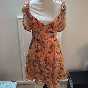 Petal & Pup NEW Cora Floral Sweetheart Ruffle Mini Dress in Orange Pink Size XL